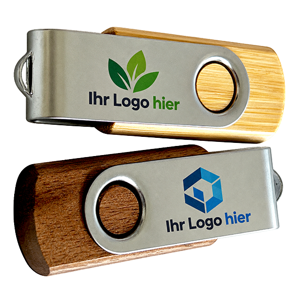USB-Sticks aus Holz und Metall mit Logodruck
